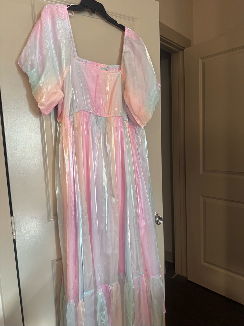 Iridescent Pastel Maxi Dress with Puff Sleeves
